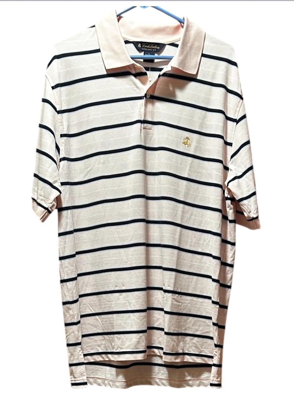 Brooks Brother’s Men's LightPink/Navy Striped Polo Performance Knit Shirt